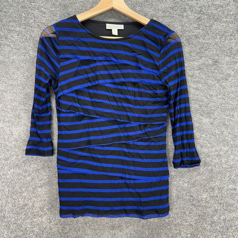 Dana Buchman Blouse Women S Small Blue Striped 3/4 Sleeve Lined Ruffle Casual